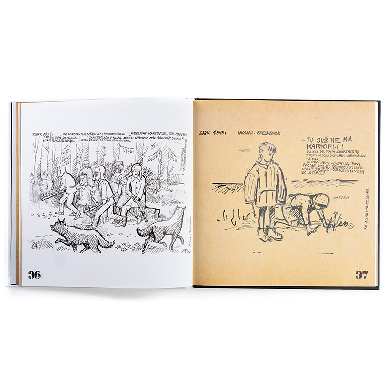 Zdjęcie: Na białym tle wnętrze książki. Na stronie lewej grupka chłopców odgania wilki w lesie. Na stronie prawej dwoje dzieci na polu. Dziewczynka pochylona ku ziemi szuka kartofli.