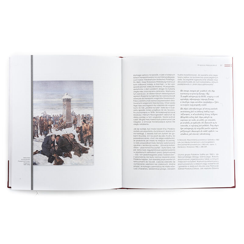 Zdjęcie: Na białym tle wnętrze książki. Na stronie lewej fragment obrazu Aleksandra Sochaczewskiego "Pożegnanie Europy". Na stronie prawej dwie kolumny tekstu. Tekst niewyraźny.