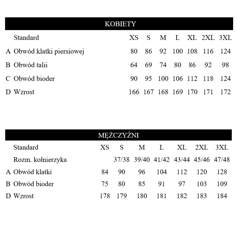 Standardowa tabela rozmiarów od XS do 3XL dla kobiet i mężczyzn.