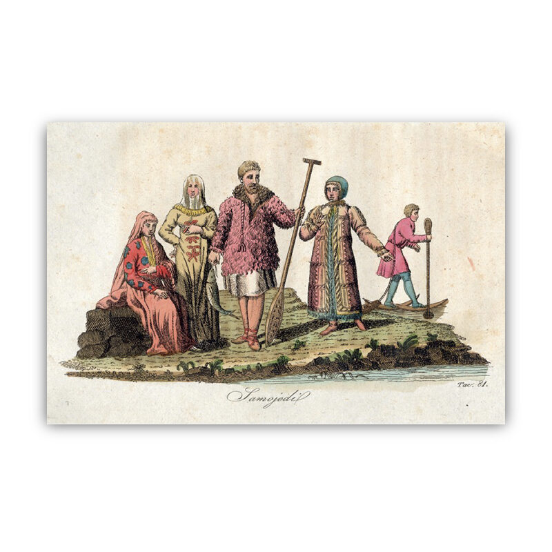 Zdjęcie: Na białym tle pocztówka przedstawiająca Samojedów. Kobiety mają na sobie długie, kolorowe suknie. Na głowach długie chusty. Mężczyźni puchate kurtki lub długie kolorowe płaszcze.