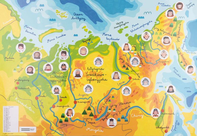 Zdjęcie: Mapa Syberii narysowana przez Darię Solak. Na mapie zaznaczono dwadzieścia sześć punktów. Są to niewielkie, białe kropki, a w każdej z nich jeden przedstawiciel ludu Syberii, który zamieszkuje znaczony obszar geograficzny. Na przykład: Eskimos, Buriat czy też Nanaj.